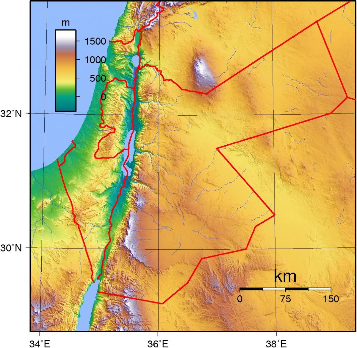 el mapa topográfico de Jordania