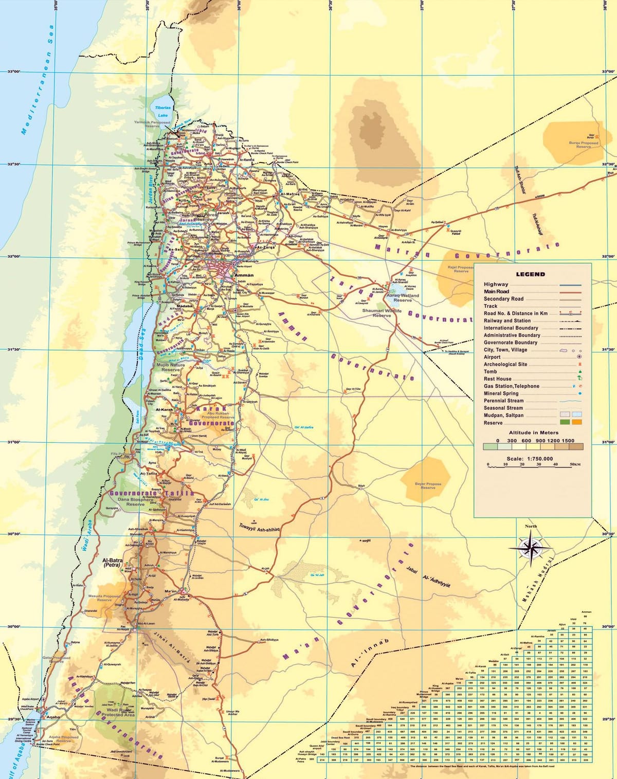 mapa de mapa físico de Jordania
